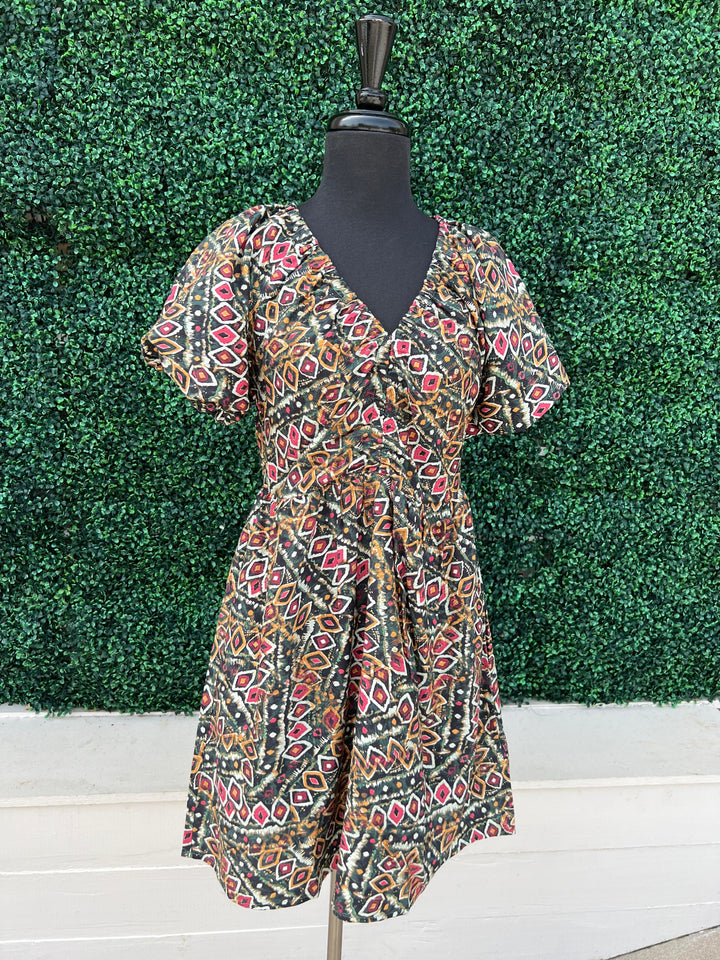 fall dress vivd printed casual dresses boutique with puff sleeves in Houston Texas and online jade and joy joy