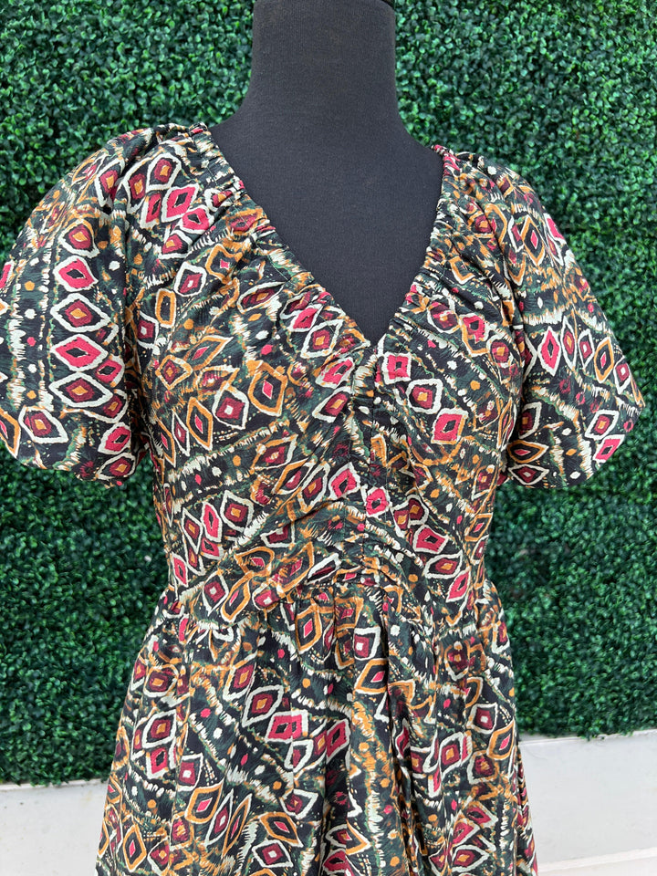 fall dress vivd printed casual dresses boutique with puff sleeves in Houston Texas and online