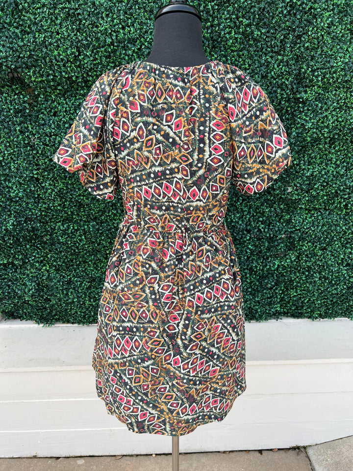fall dress vivd printed casual dresses boutique with puff sleeves in Houston Texas and online jade and joy joy with pockets