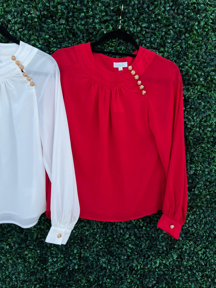 gold Rosette Button sheer Long Sleeve holiday Blouse in red or white fall winter 2024 jade brand