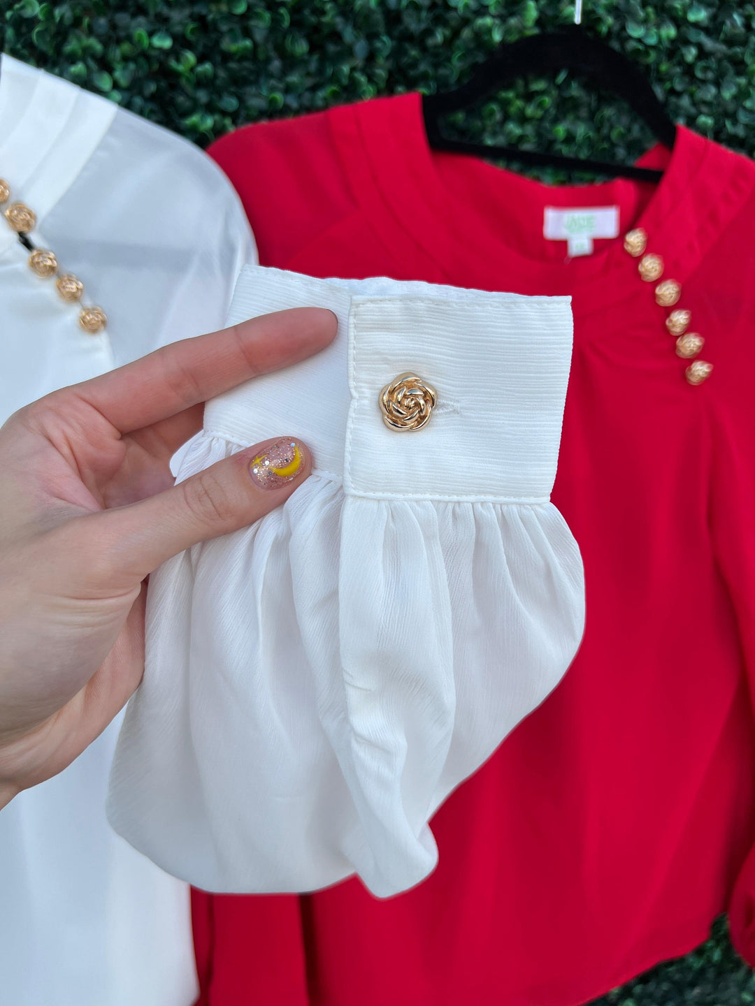 gold Rosette Button sheer Long Sleeve holiday Blouse in red or white fall winter 2024 jade brand womens boutique tres chic