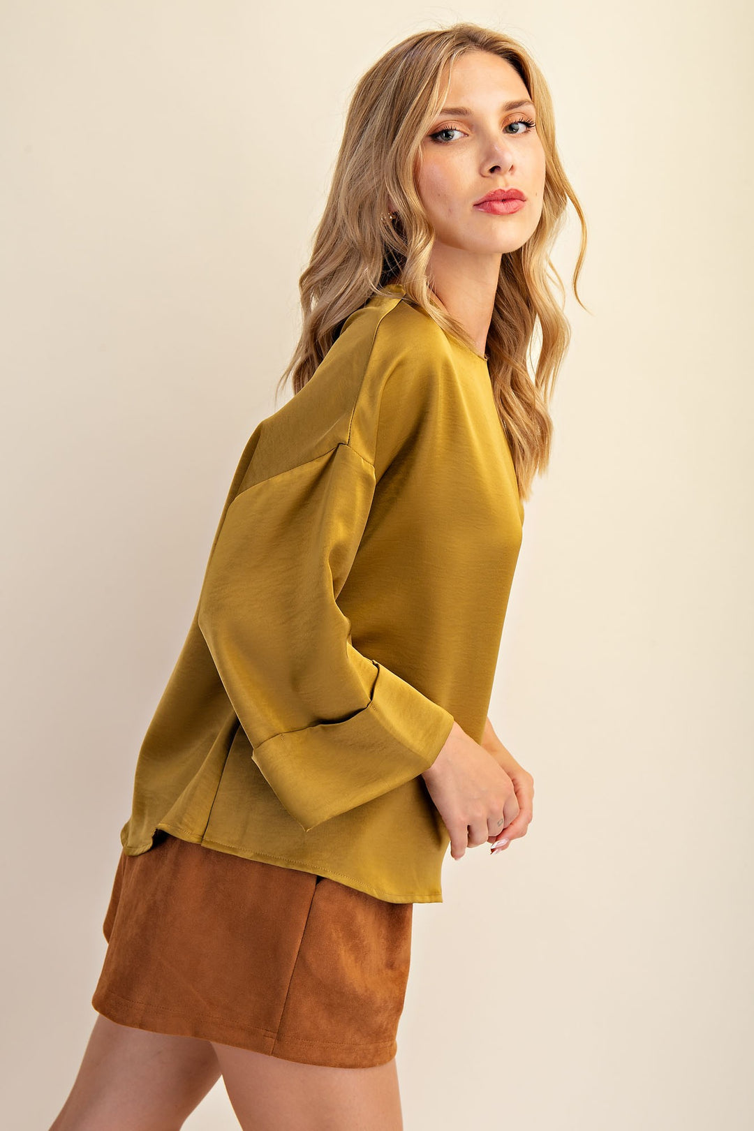gold Satin Wide Cuffed Sleeve long sleeve Top Women Boutique Elevated Basics side