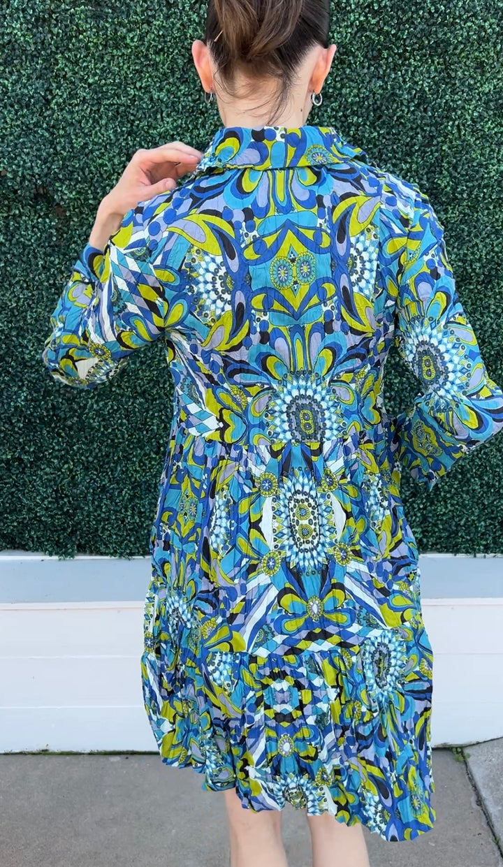 green and blue Retro Print Tiered Dress back textured cotton womens boutique
