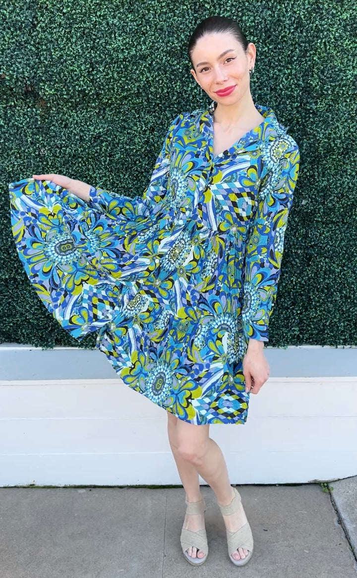 green and blue Retro Print Tiered Dress textured cotton