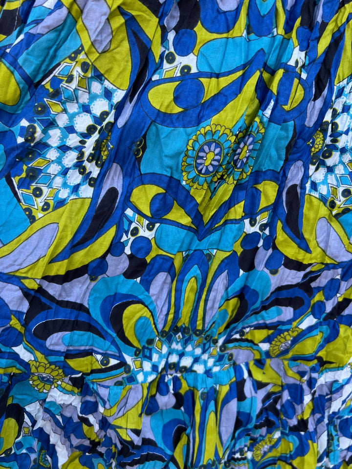 green and blue Retro Print Tiered Dress textured cotton womens boutique