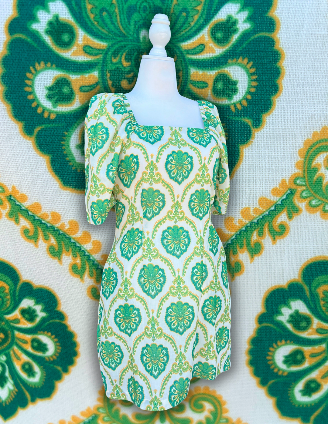 green and yellow print dress Quality Women's Boutique Clothing linen like fabric