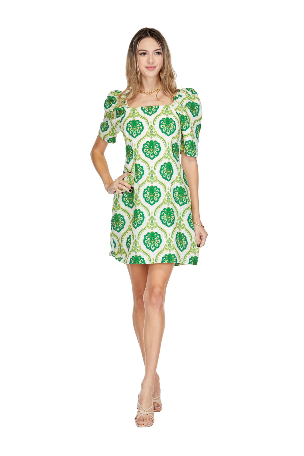 green and yellow print dress Quality Women's Boutique Clothing linen like fabric on model