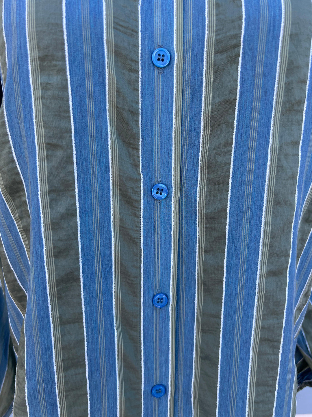  green blue and white Stripe Blouse jade brand with elastic at wrists high end women&