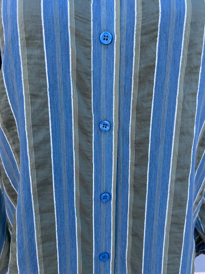  green blue and white Stripe Blouse jade brand with elastic at wrists high end women&