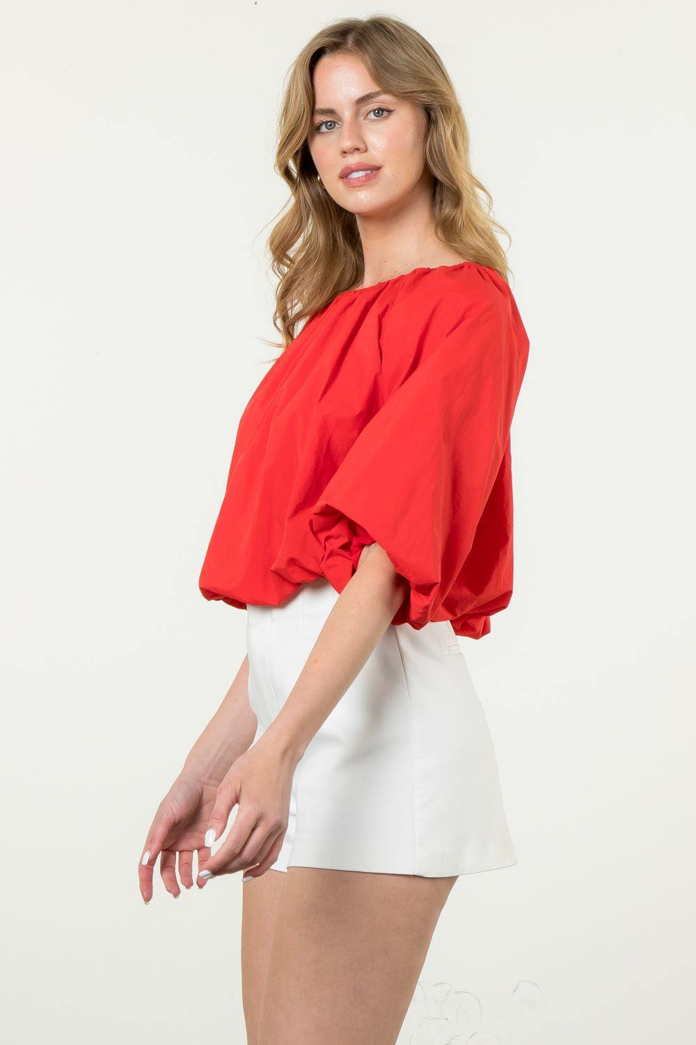 holiday red Elastic neck waist poplin top tres chic womens boutique blouses 2024
