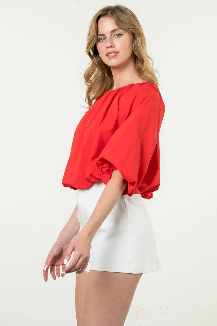 holiday red Elastic neck waist poplin top tres chic womens boutique blouses 2024