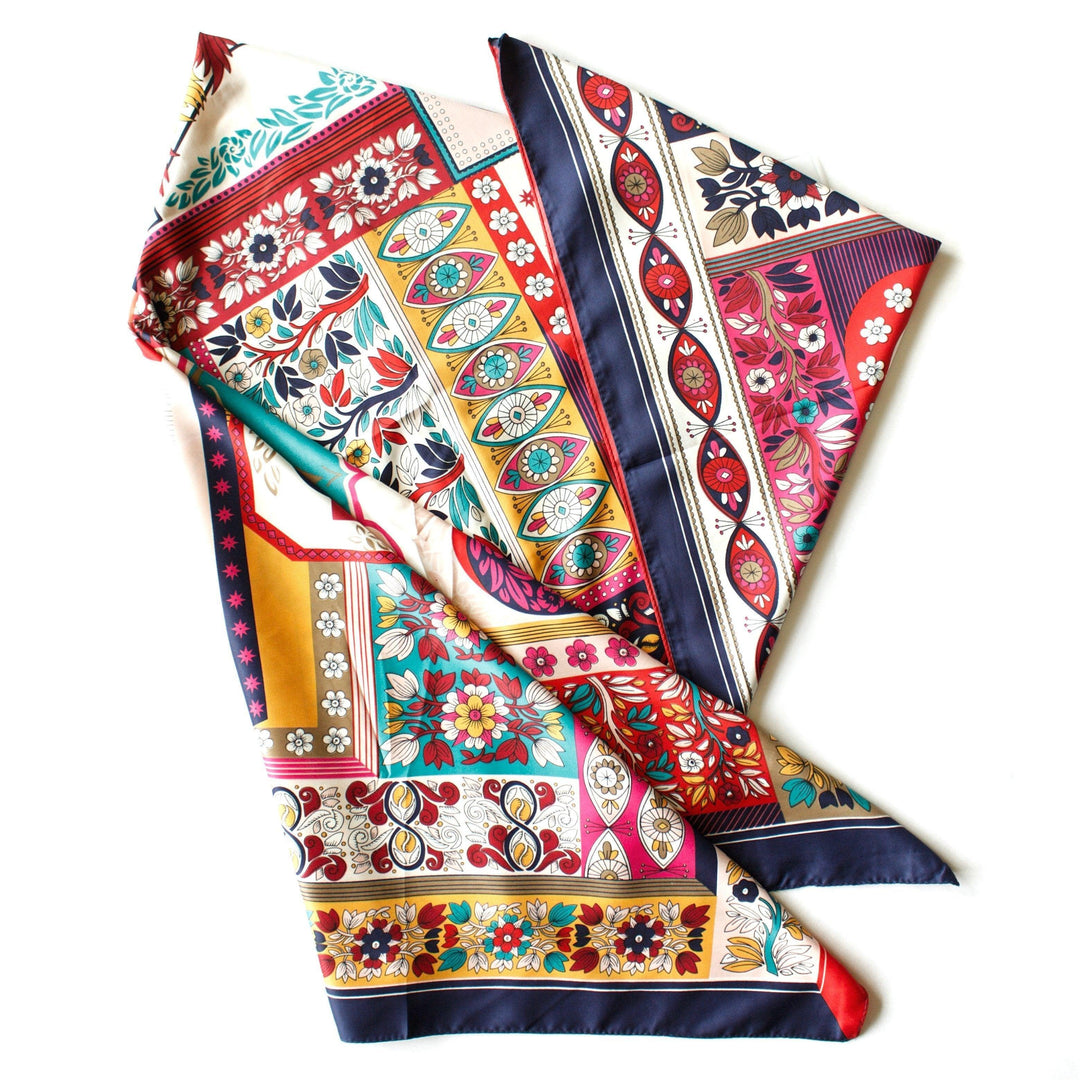 Navy Large Printed Poly Square Scarf - Tres Chic Houston