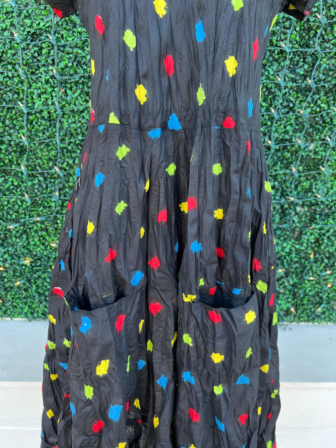 JALAN midi dress by dress addict with red blue yellow and green dot background and front pockets 100% cotton