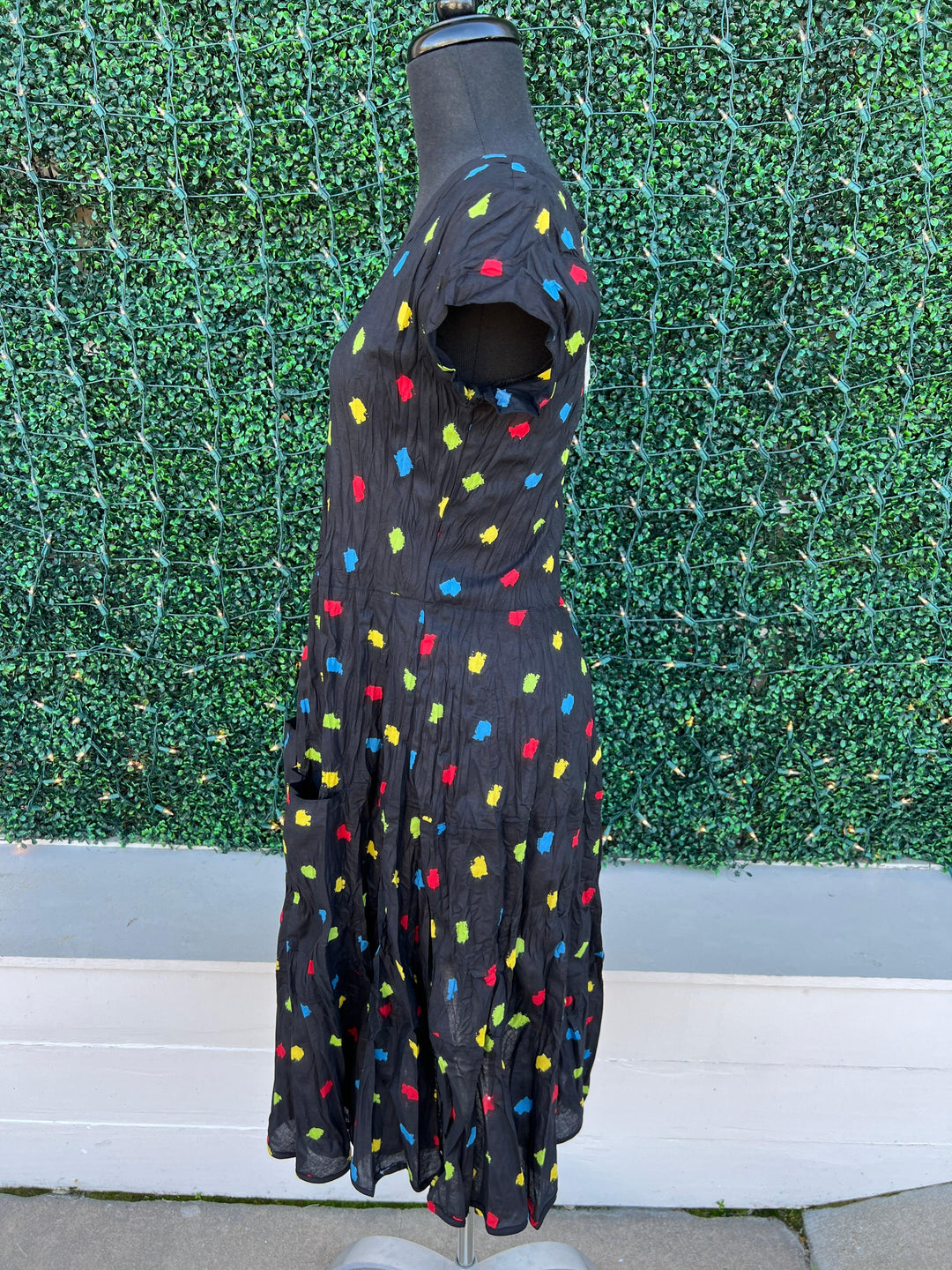 JALAN midi dress by dress addict with red blue yellow and green dot background and front pockets 100% cotton
