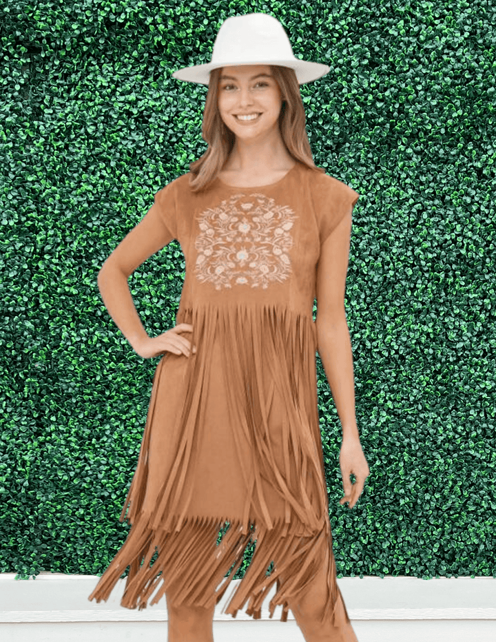 Embroidered Suede Fringe Dress what to wear to hlsr