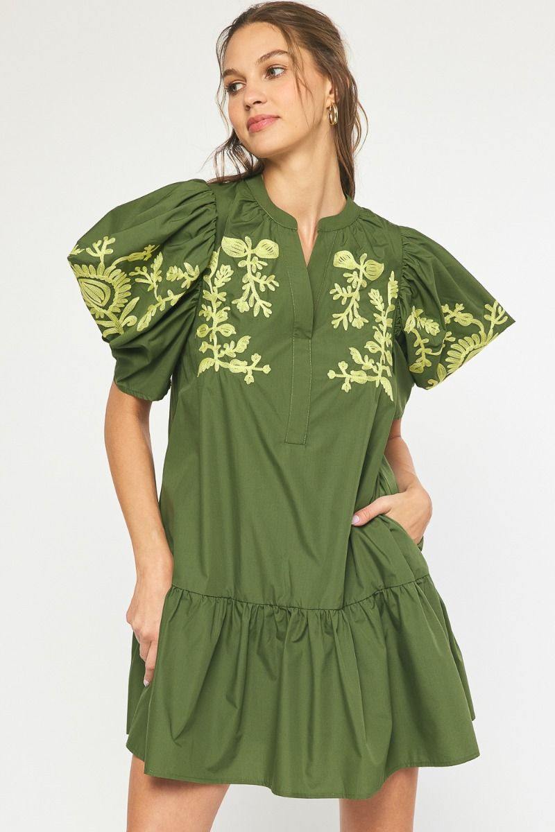 entro brand embroidered dress olive and lime boutique fall womens clothing
