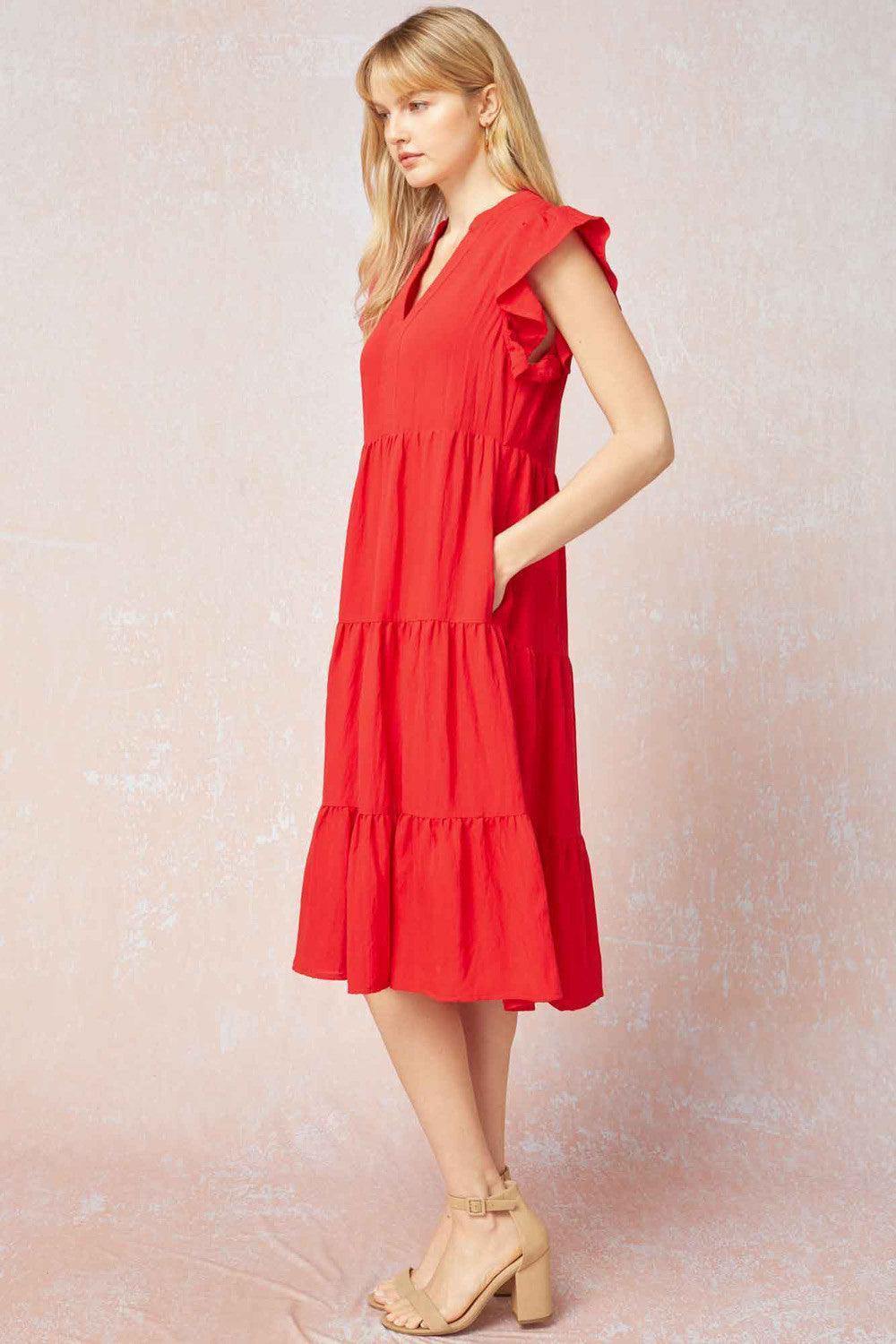 Red Tiered Midi Dress - Très Chic