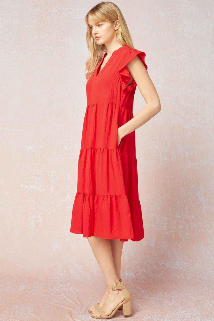 Red Tiered Midi Dress - Très Chic