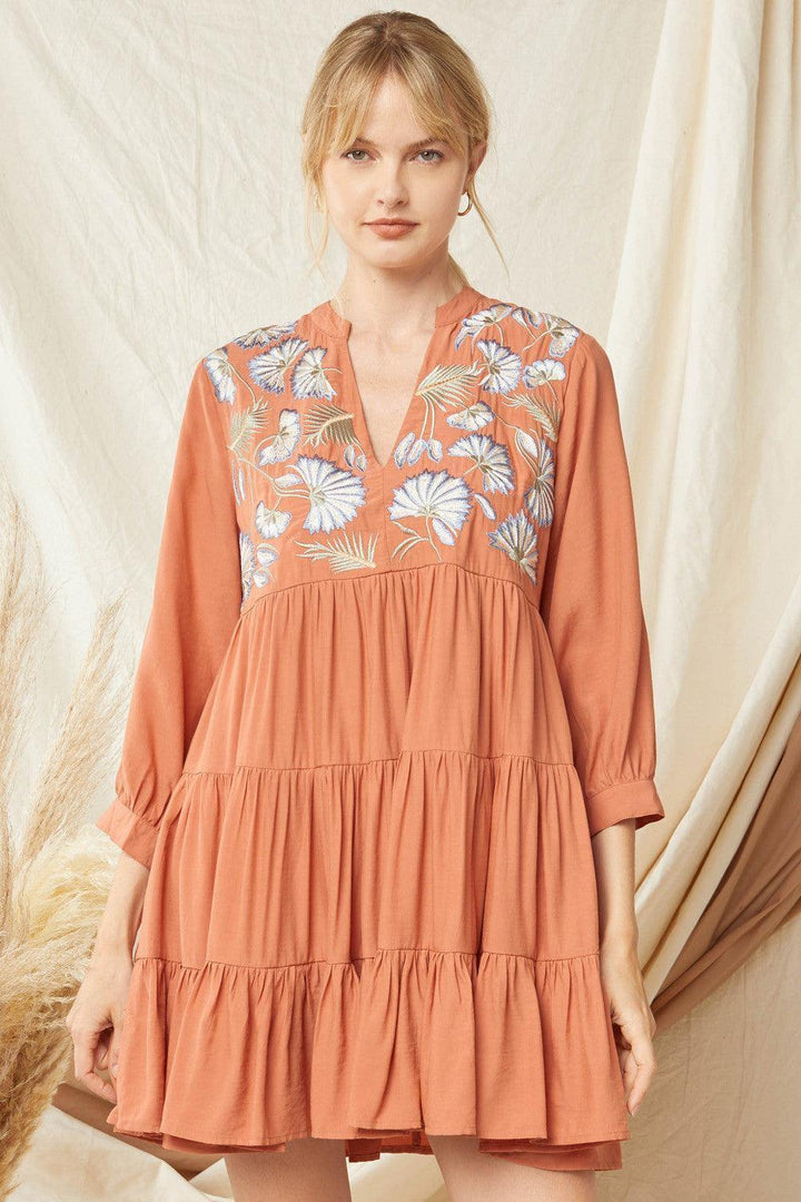 Terracotta Embroidered Dress - Très Chic