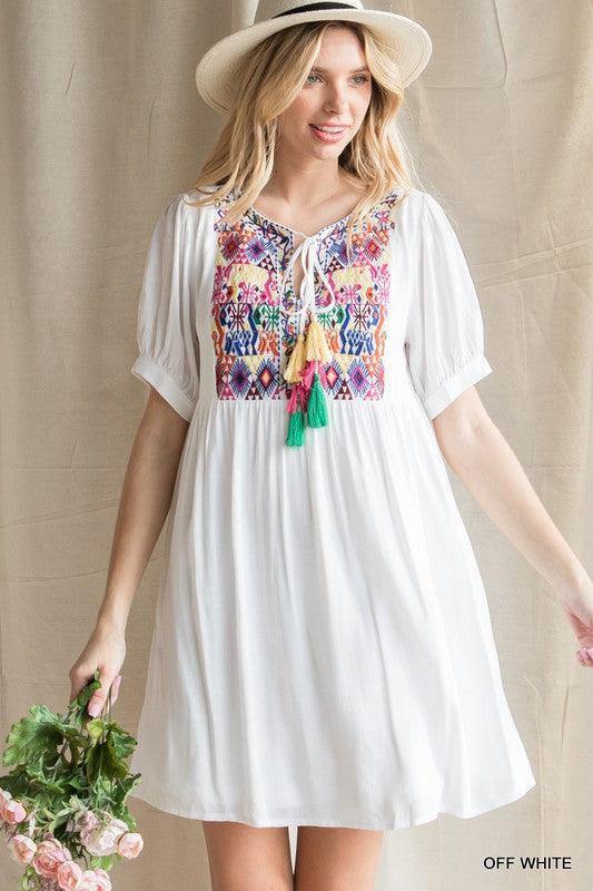 Embroidered Yoke Babydoll Dress - Tres Chic Houston