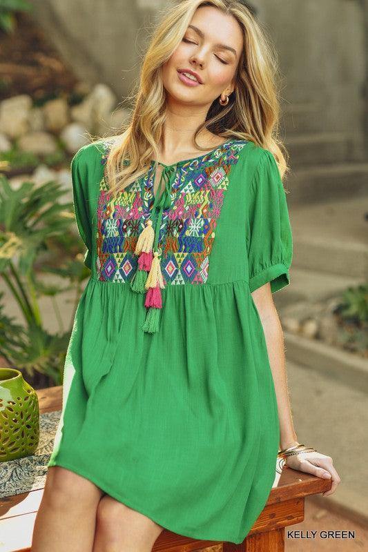 Embroidered Yoke Babydoll Dress - Tres Chic Houston