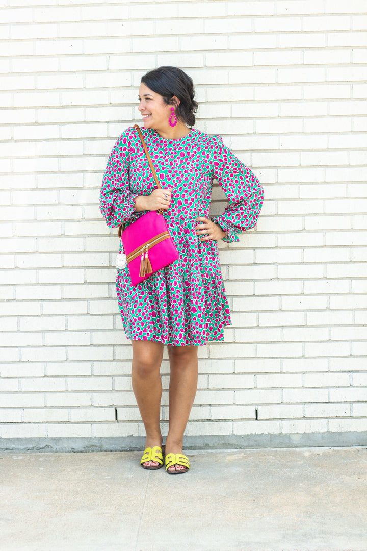 Green &amp; Pink Printed Tiered Dress - Tres Chic Houston