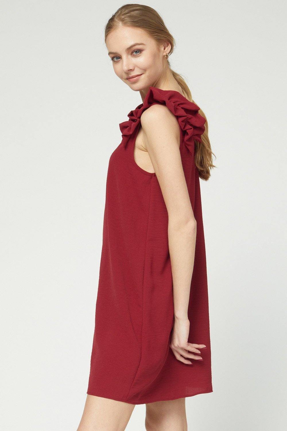Ruffle Sleeveless Dress in Ruby - Tres Chic Houston