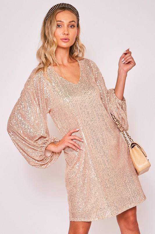 Rose Gold V-Neck Sequin Dress - Tres Chic Houston