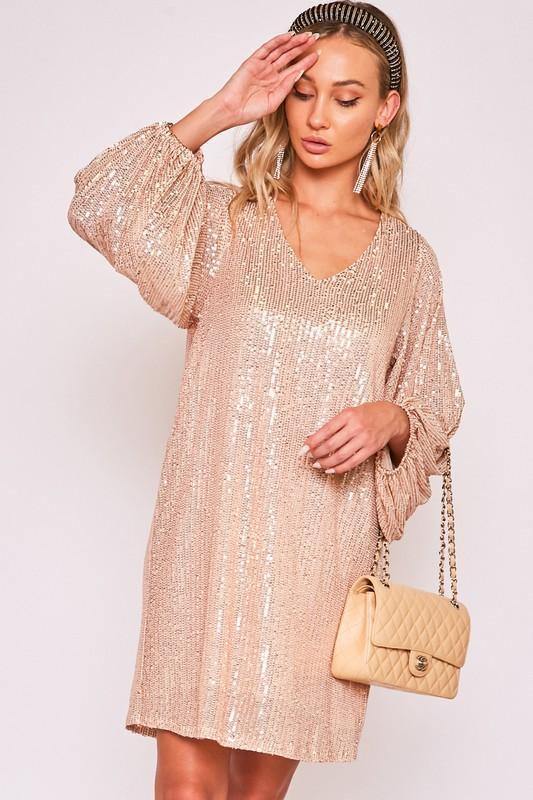 Rose Gold V-Neck Sequin Dress - Tres Chic Houston