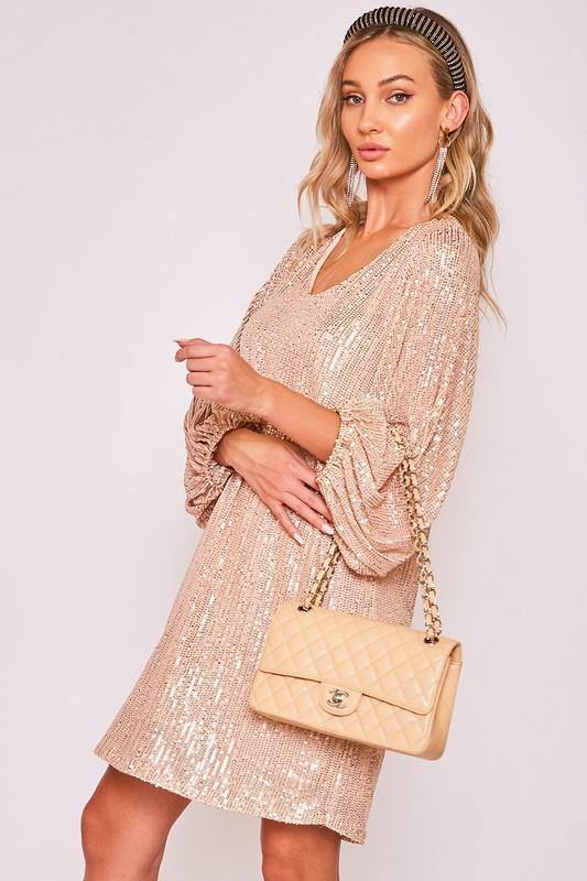 Rose Gold V-Neck Sequin Dress - Tres Chic Houston