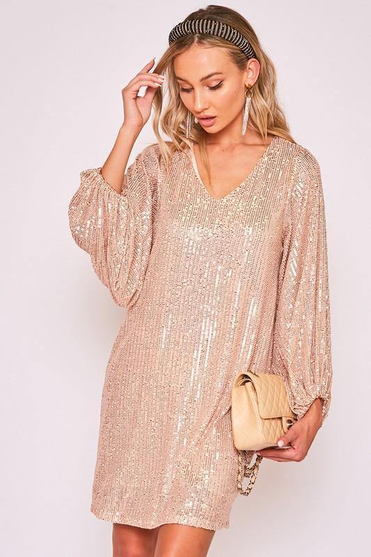 Rose Gold V-Neck Sequin Dress - Tres Chic Houston