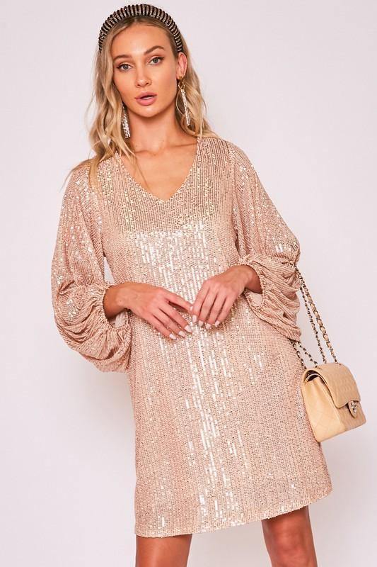 Rose Gold V-Neck Sequin Dress - Tres Chic Houston