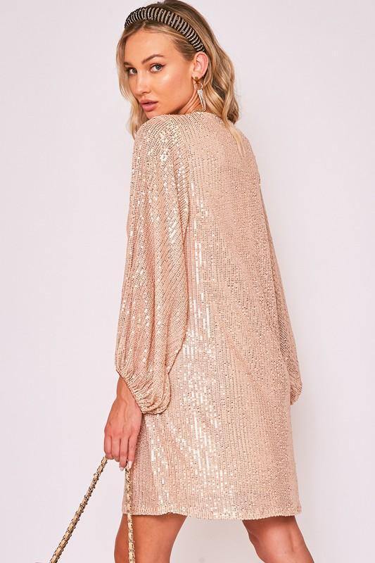 Rose Gold V-Neck Sequin Dress - Tres Chic Houston