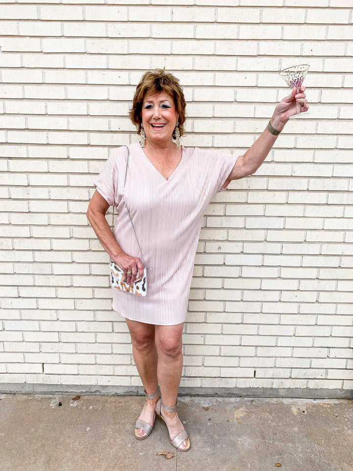 Blush Shimmer Pleated Sheath Dress - Très Chic