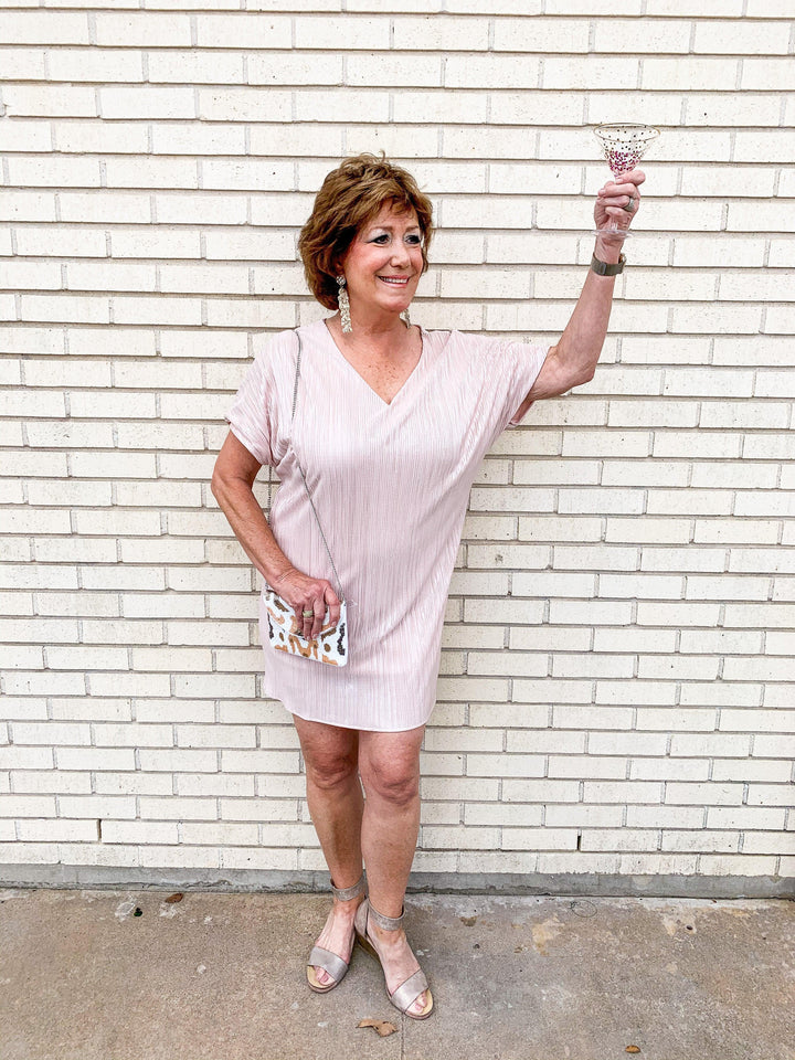 Blush Shimmer Pleated Sheath Dress - Très Chic