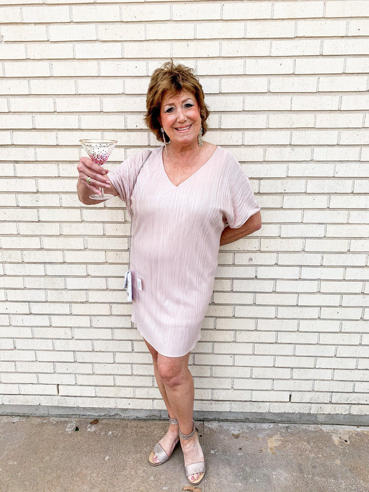 Blush Shimmer Pleated Sheath Dress - Très Chic