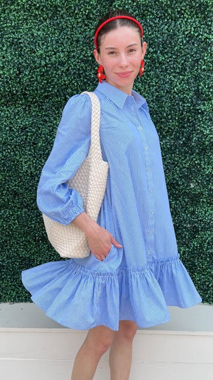 Striped Poplin Ruffled Hem Button Up Shirt Dress