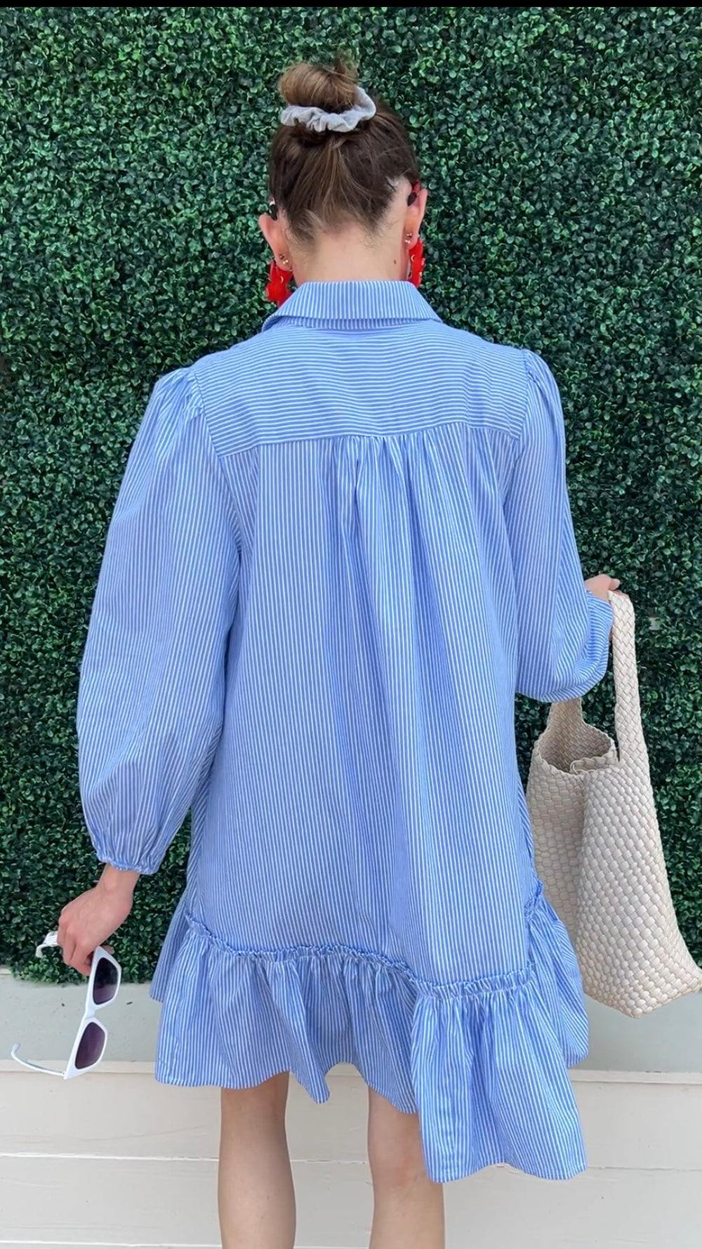 Striped Poplin Ruffled Hem Button Up Shirt Dress
