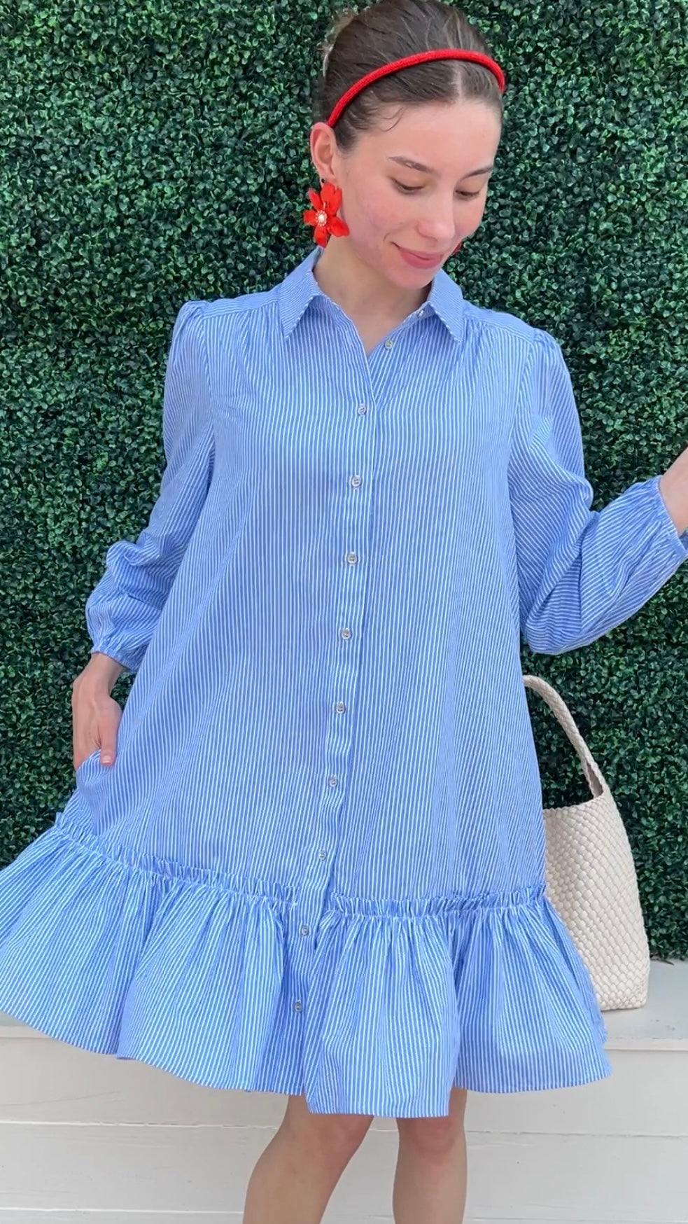 Striped Poplin Ruffled Hem Button Up Shirt Dress