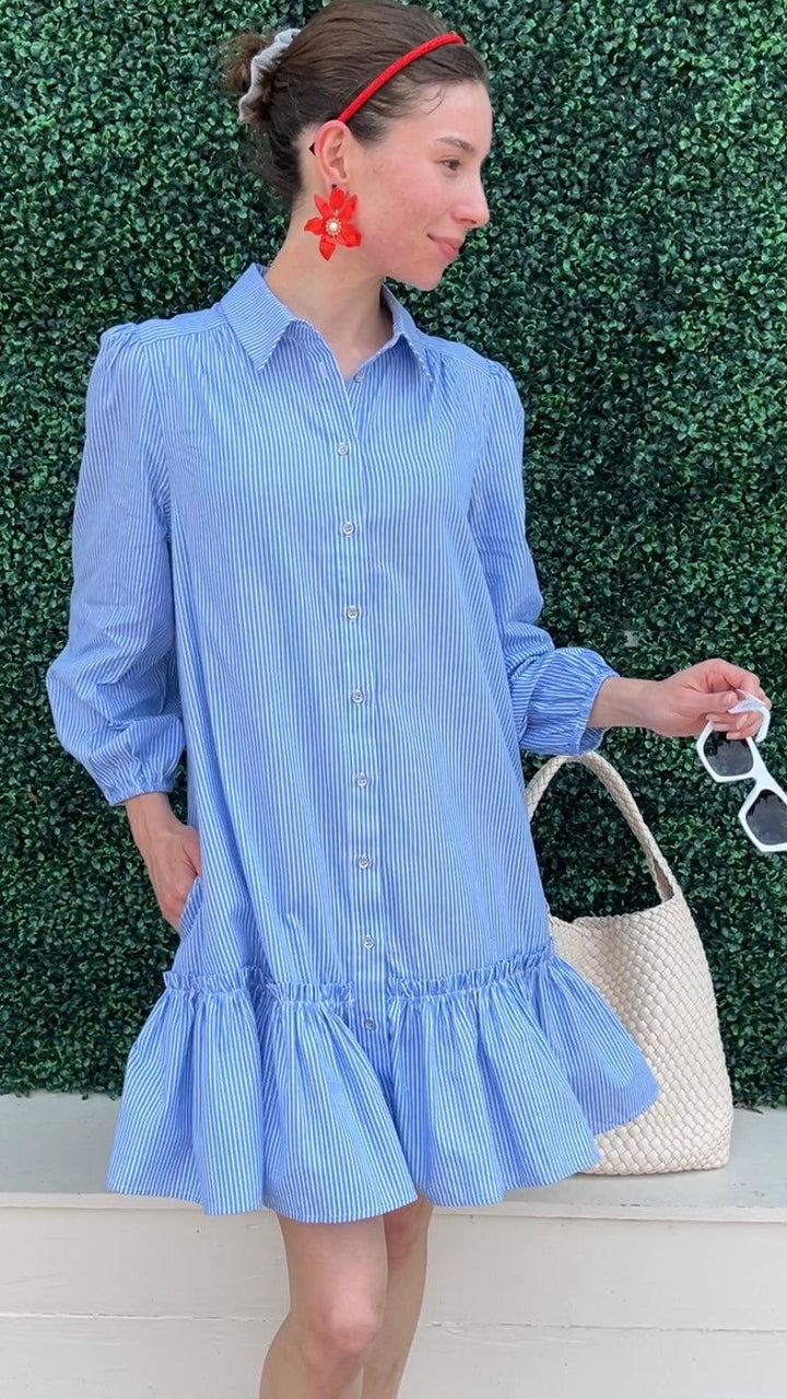 Striped Poplin Ruffled Hem Button Up Shirt Dress