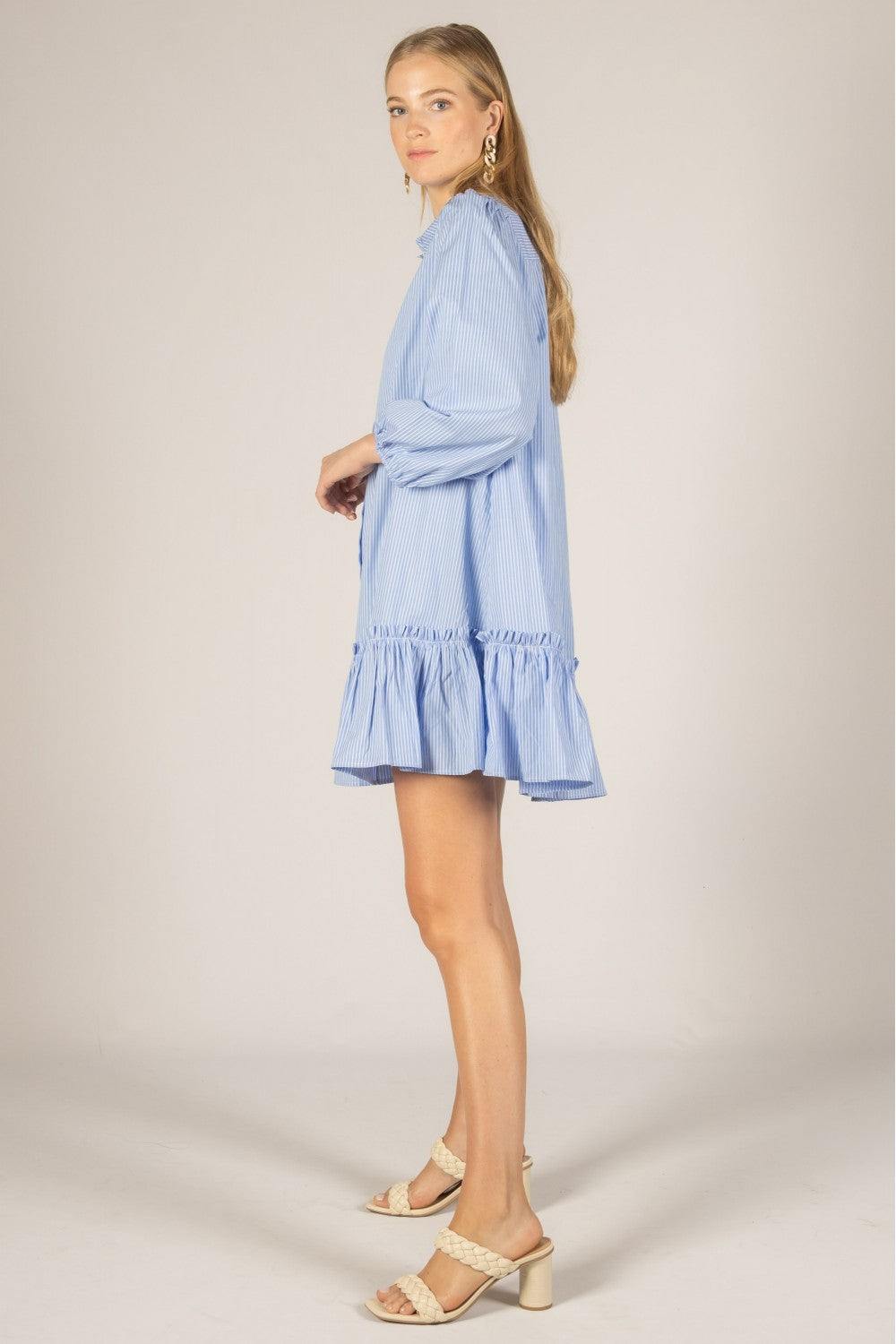 Striped Poplin Ruffled Hem Button Up Shirt Dress