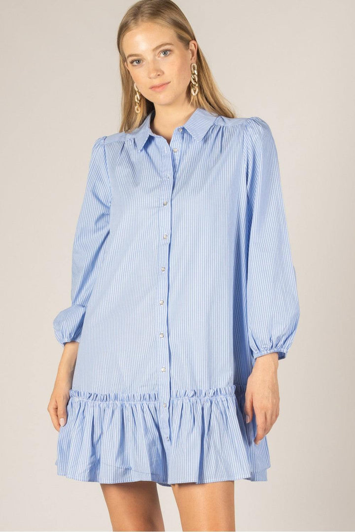Striped Poplin Ruffled Hem Button Up Shirt Dress