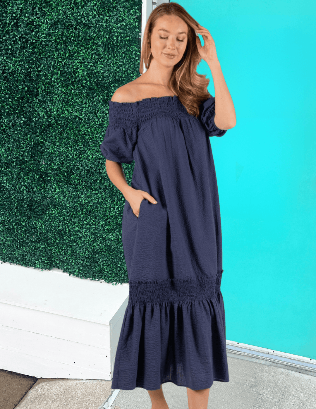 Smocked Off Shoulder Seersuck Midi Dress