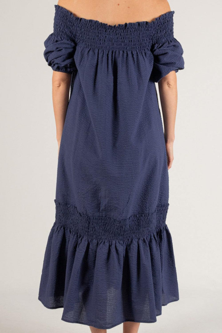 Smocked Off Shoulder Seersuck Midi Dress