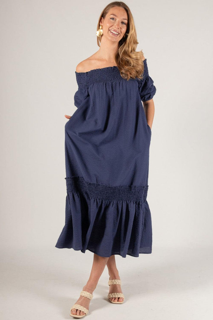 Smocked Off Shoulder Seersuck Midi Dress