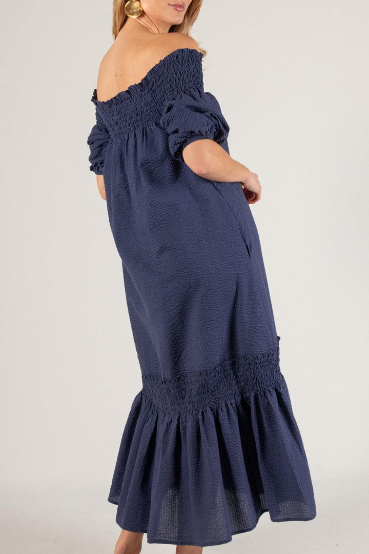 Smocked Off Shoulder Seersuck Midi Dress