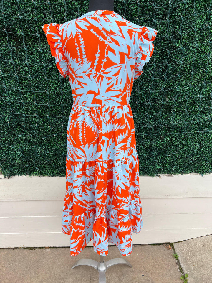 womens trendy summer dresses orange and blue palm leaf flutter sleeve midi tres chic