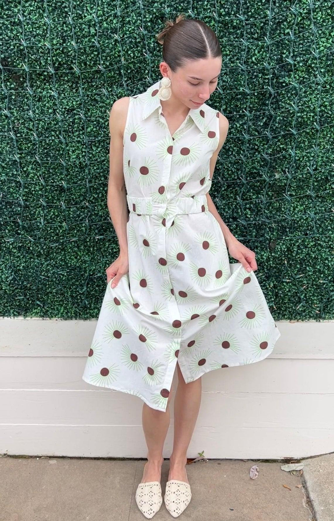 white cotton dress with brown print button up elastic waist sleeveless midi dress