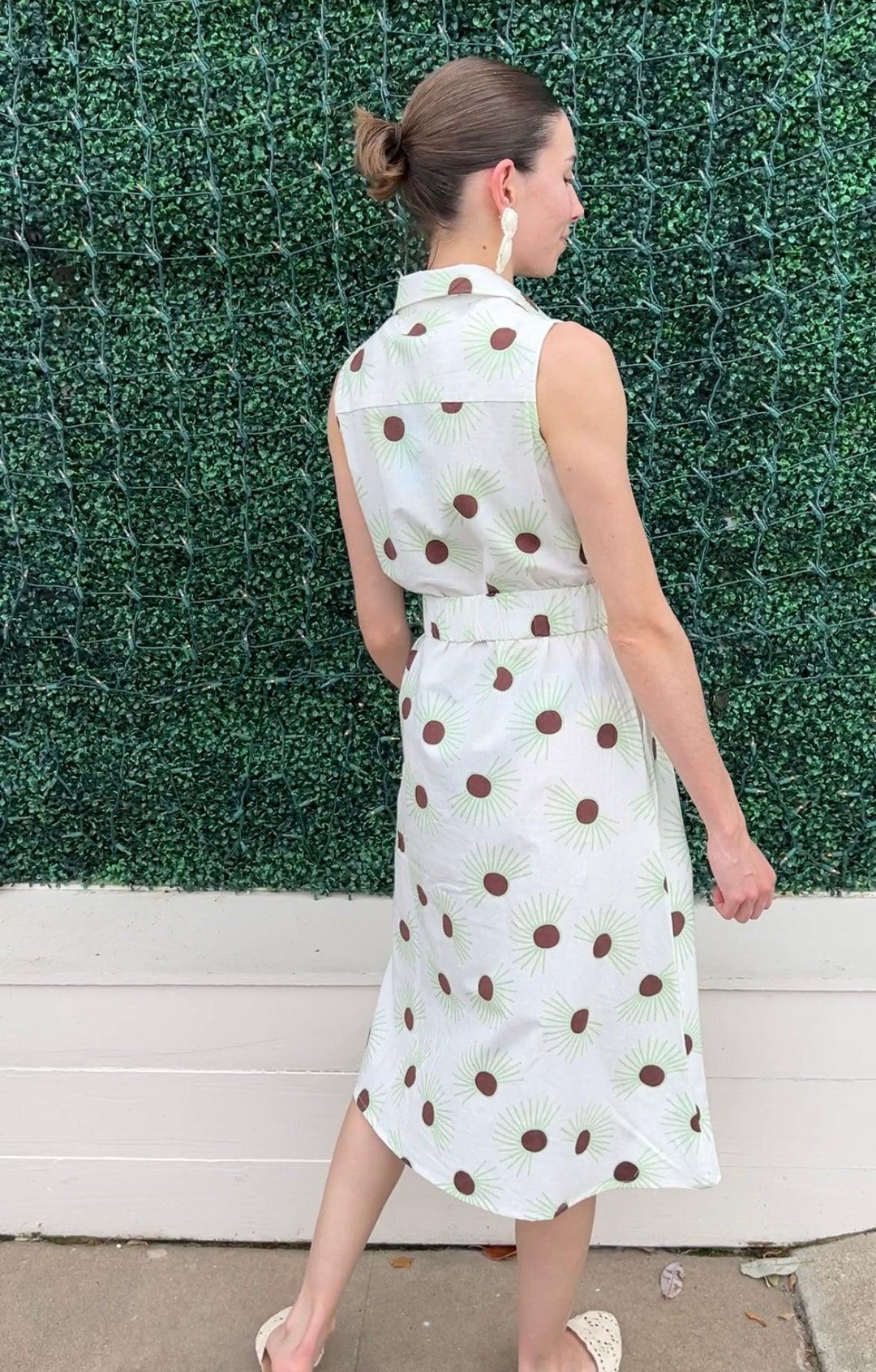 white cotton dress with brown print button up elastic waist sleeveless midi dress