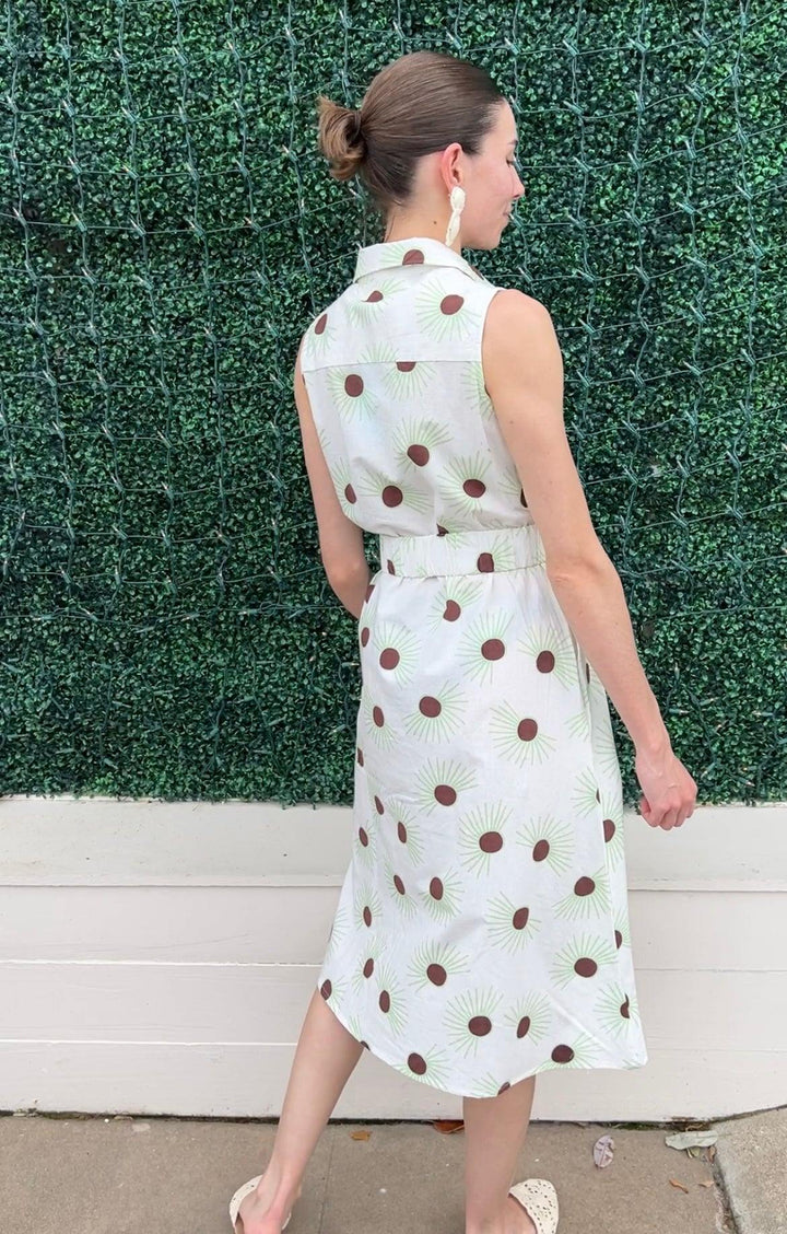 white cotton dress with brown print button up elastic waist sleeveless midi dress